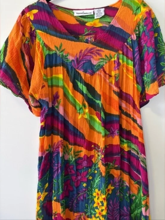 Vintage 90s Y2K Boho Tropical Print Midi Dress Multicolored Bright 1X - Picture 2 of 6